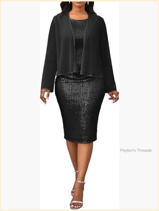 Dresses & Skirts - Two Piece Sequin Bodycon Midi Dress with Chiffon Jacket